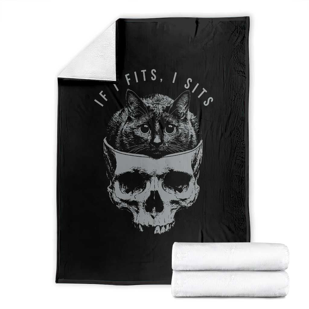 If I Fits I Sits Funny Cat in Skull Throw Blanket Dark Aesthetic Goth Cat Lover Gift for Macabre and Meme Fans TS02 Black Print Your Wear