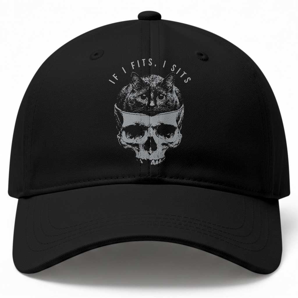 If I Fits I Sits Funny Cat in Skull Baseball Cap Dark Aesthetic Goth Cat Lover Gift for Macabre and Meme Fans TS02 Print Your Wear