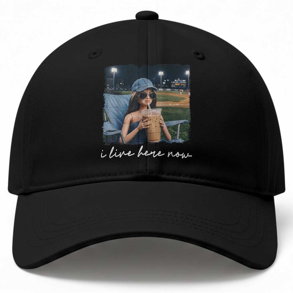 I Live Here Now Funny Doll Face Meme Baseball Lover Baseball Cap Game Day Reaction Sports Fan Gift TS02 Print Your Wear