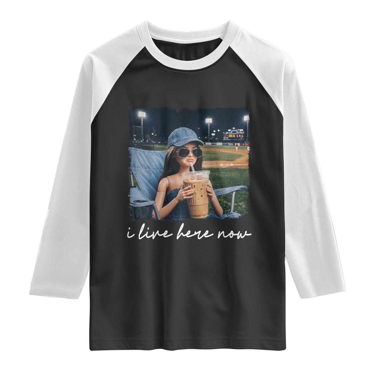 I Live Here Now Funny Doll Face Meme Baseball Lover Raglan Shirt Game Day Reaction Sports Fan Gift TS02 Black White Print Your Wear