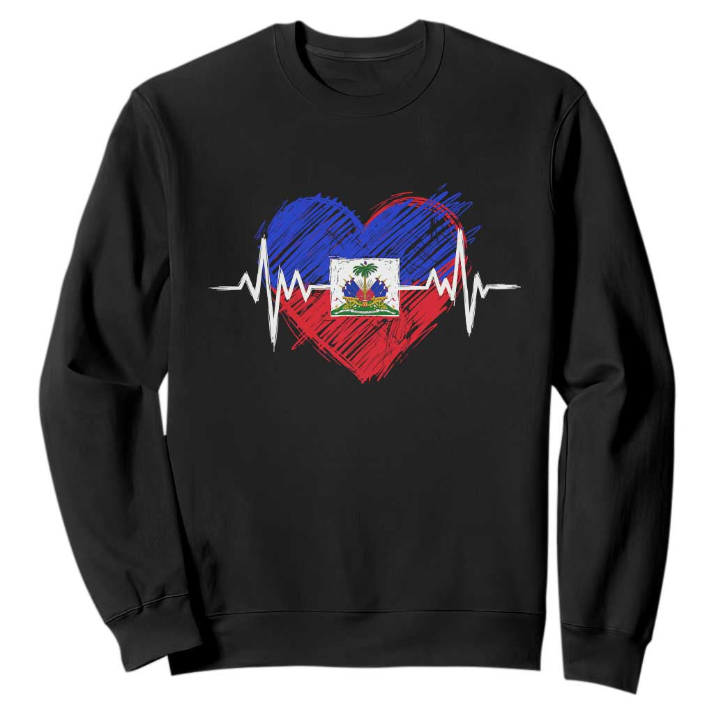 Haitian Flag Heartbeat EKG Pulse Graphic Sweatshirt My Heart Beats For Haiti Identity Heritage Pride TS02 Black Print Your Wear