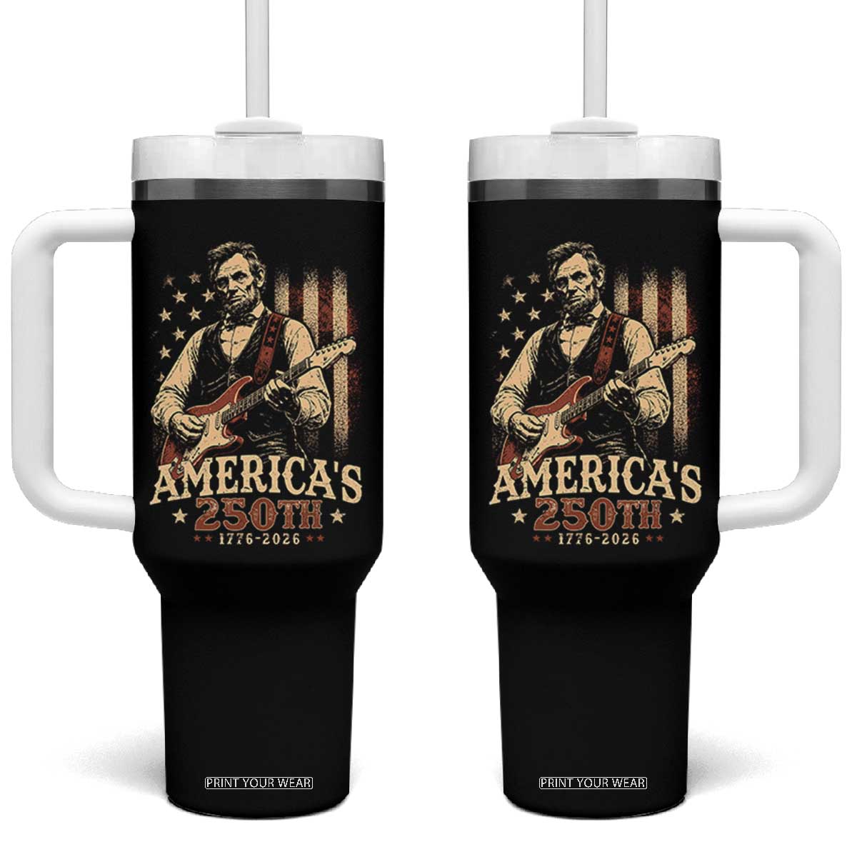 USA 250th 1776 to 2026 Rock Star Abraham Lincoln Tumbler With Handle Vintage Electric Guitar Player Patriotic Us Flag Semiquincentennial TS02 One Size: 40 oz Black Print Your Wear