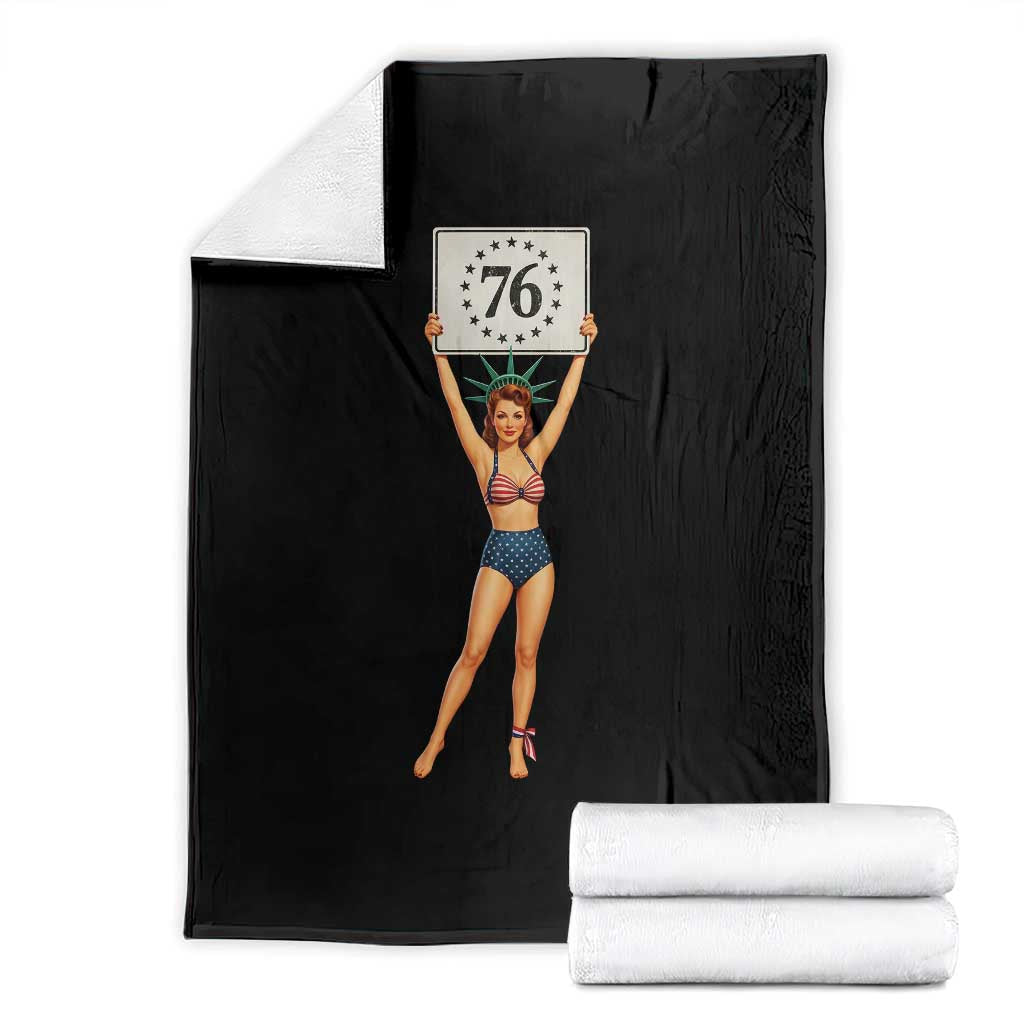 Vintage Patriotic Pin Up Girl 1776 Throw Blanket Statue of Liberty Retro Americana Graphic TS02 Black Print Your Wear