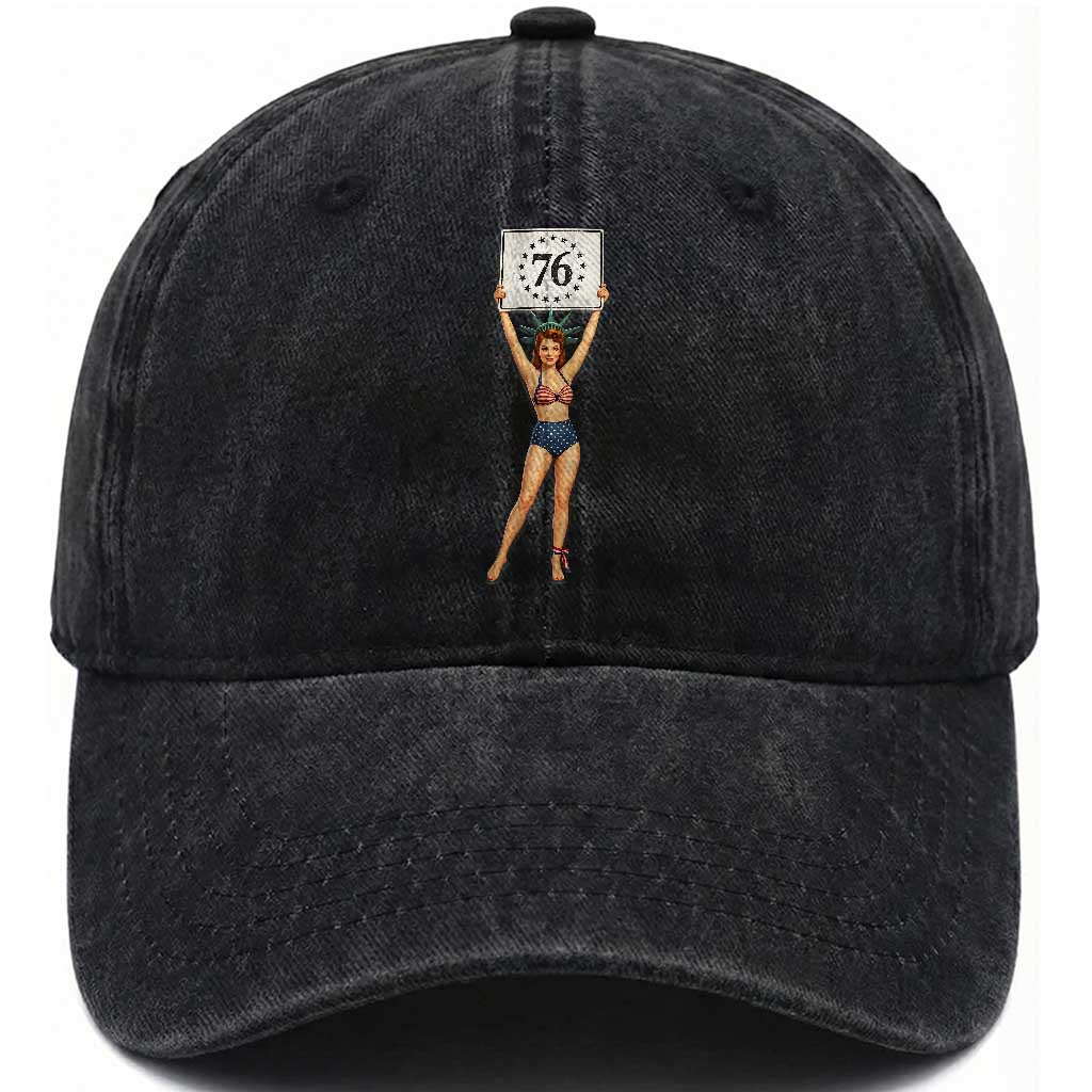 Vintage Patriotic Pin Up Girl 1776 Washed Cotton Baseball Cap Statue of Liberty Retro Americana Graphic TS02 Print Your Wear