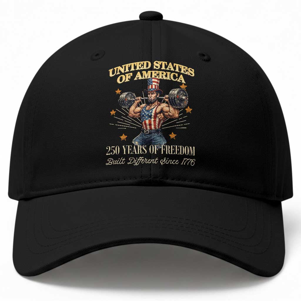 USA 250 Years of Freedom Muscular Uncle Sam Weightlifter Baseball Cap Built Different Since 1776 Funny Patriotic Buff Graphic TS02 Print Your Wear