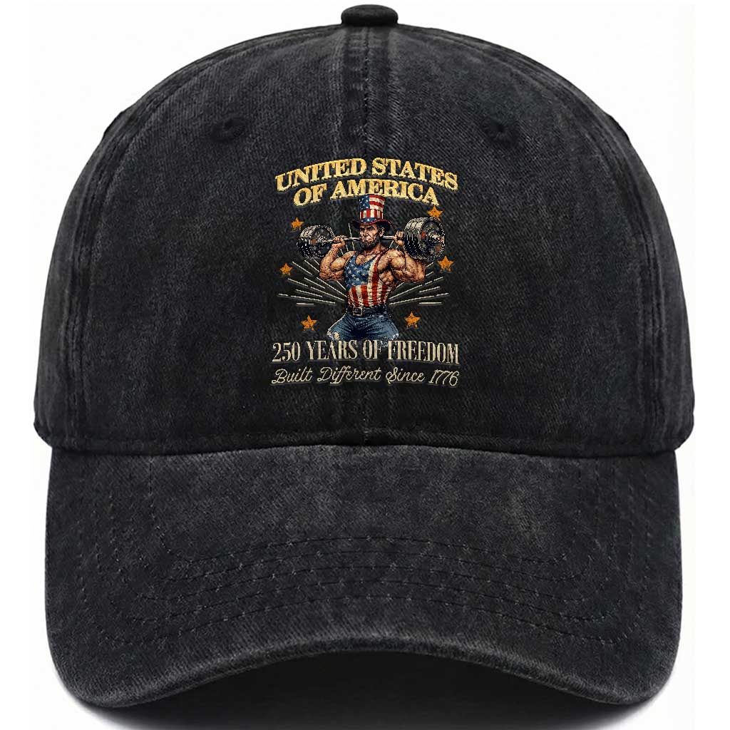 USA 250 Years of Freedom Muscular Uncle Sam Weightlifter Washed Cotton Baseball Cap Built Different Since 1776 Funny Patriotic Buff Graphic TS02 Print Your Wear