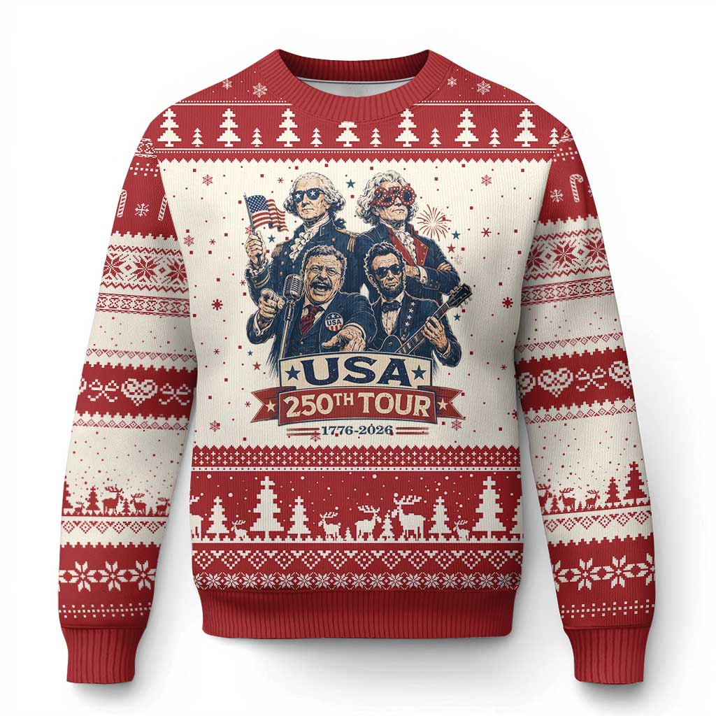 USA 250th Tour 2026 Founding Fathers Rock Concert Ugly Christmas Sweater Funny Mount Rushmore Rock Stars Semiquincentennial TS02 Beige Red Print Your Wear