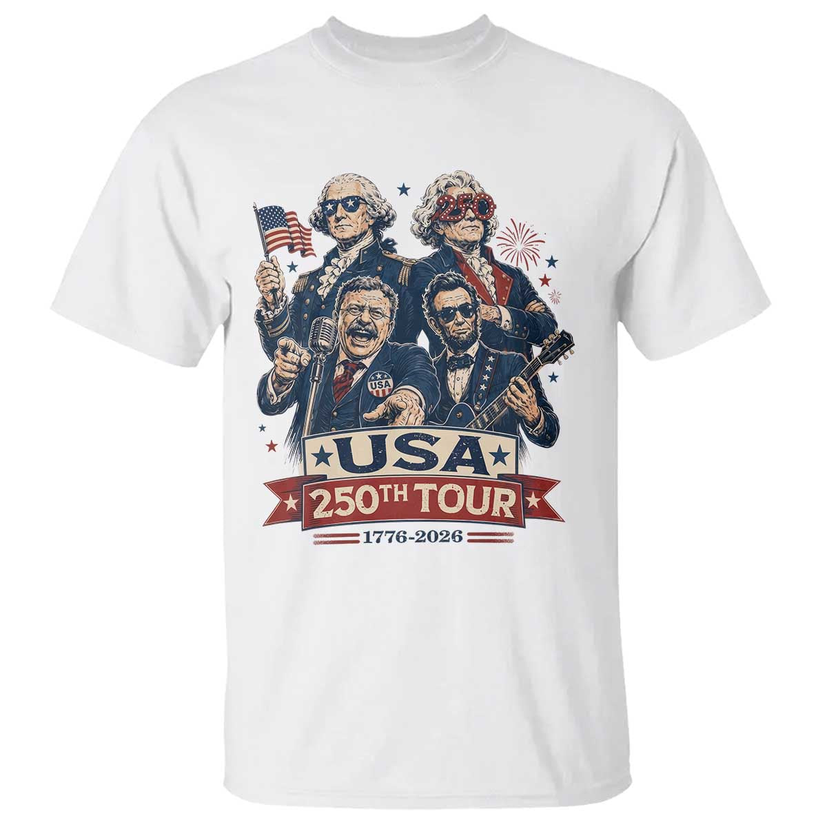 USA 250th Tour 2026 Founding Fathers Rock Concert T Shirt Funny Mount Rushmore Rock Stars Semiquincentennial TS02 White Print Your Wear