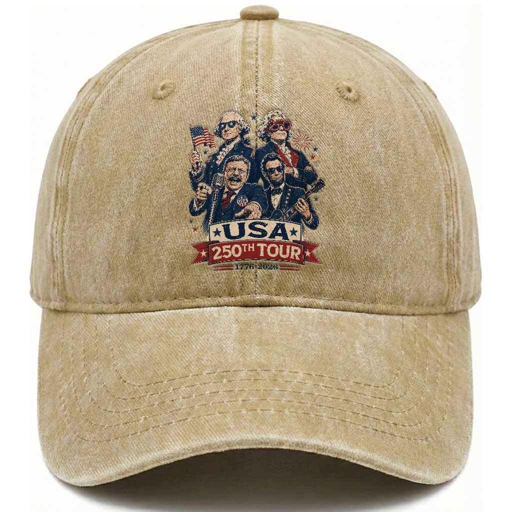 USA 250th Tour 2026 Founding Fathers Rock Concert Washed Cotton Baseball Cap Funny Mount Rushmore Rock Stars Semiquincentennial TS02 Print Your Wear