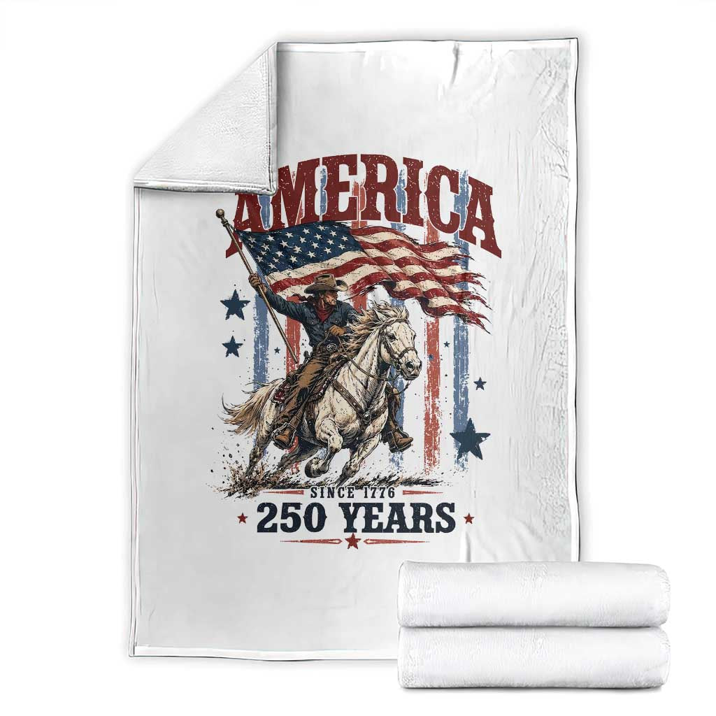 250 Years Since 1776 Cowboy on Horseback Throw Blanket Vintage Patriotic Western Style American Flag Semiquincentennial TS02 White Print Your Wear