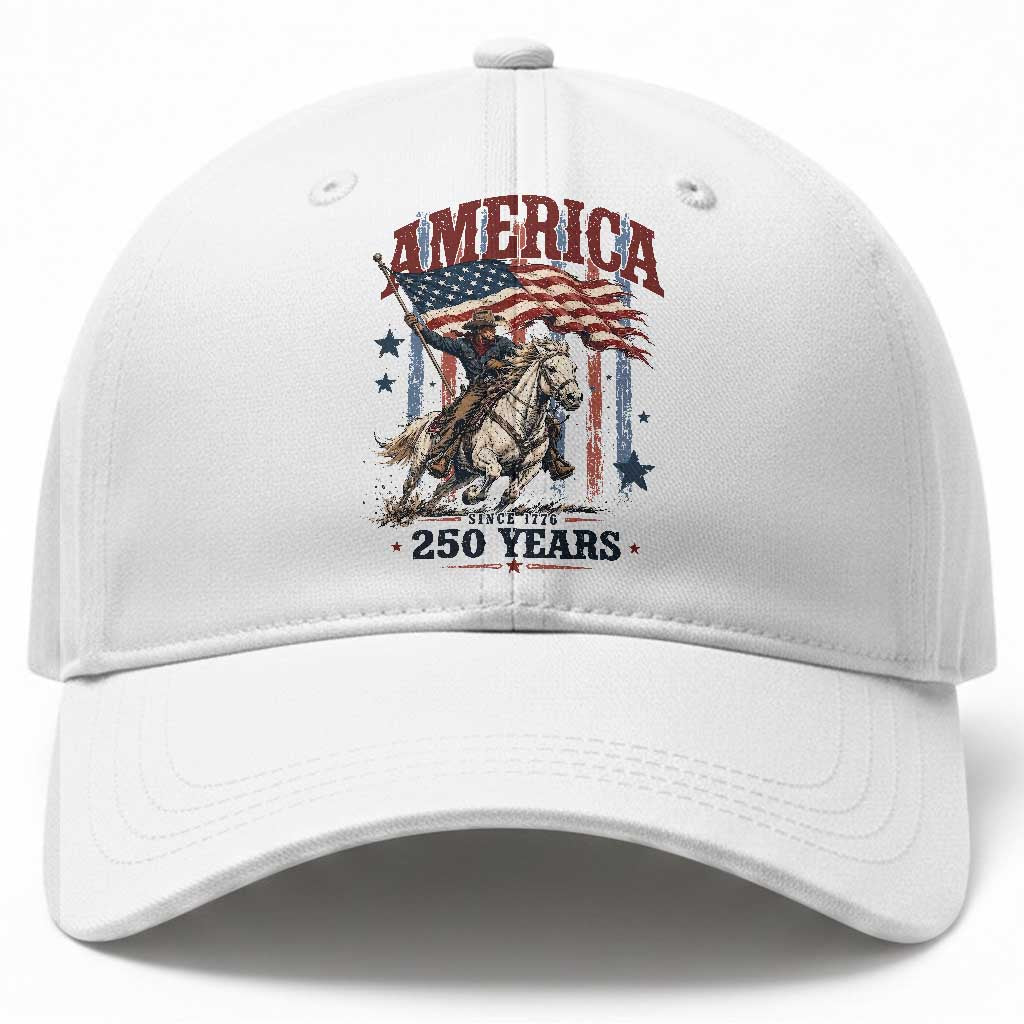 250 Years Since 1776 Cowboy on Horseback Baseball Cap Vintage Patriotic Western Style American Flag Semiquincentennial TS02 Print Your Wear