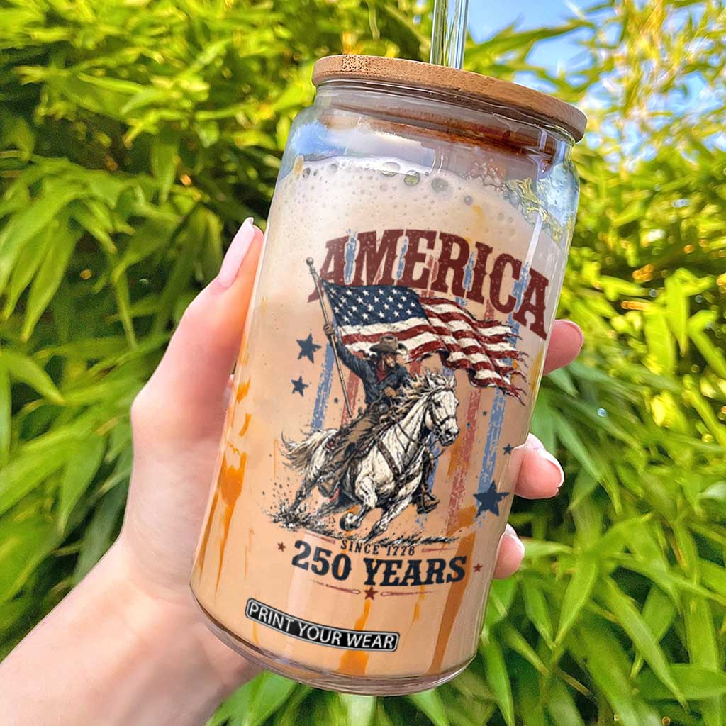250 Years Since 1776 Cowboy on Horseback Glass Can Vintage Patriotic Western Style American Flag Semiquincentennial TS02 White Print Your Wear