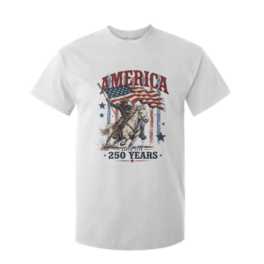 250 Years Since 1776 Cowboy on Horseback T Shirt For Kid Vintage Patriotic Western Style American Flag Semiquincentennial TS02 White Print Your Wear