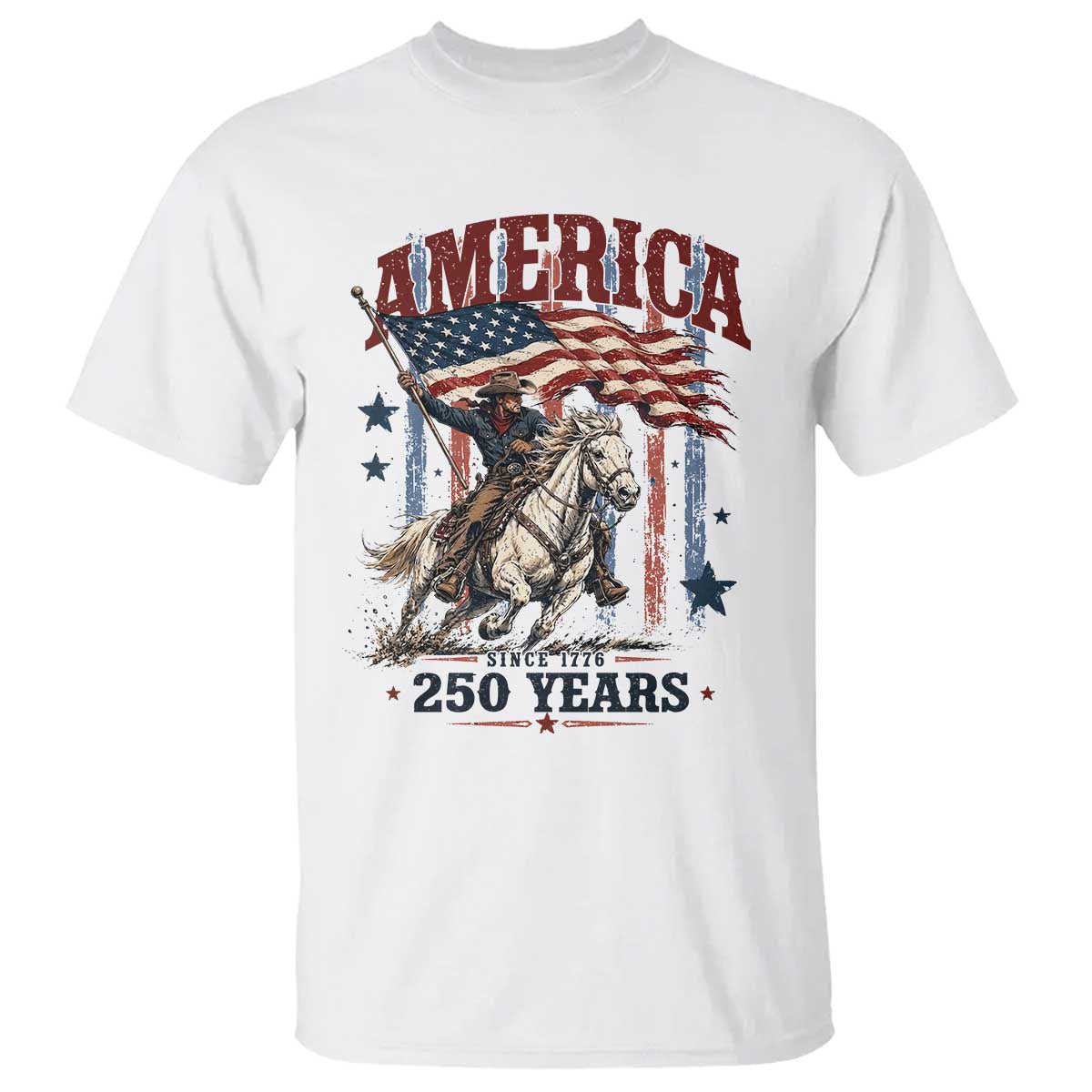 250 Years Since 1776 Cowboy on Horseback T Shirt Vintage Patriotic Western Style American Flag Semiquincentennial TS02 White Print Your Wear
