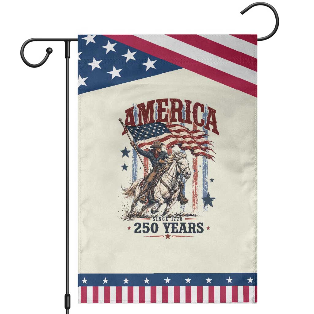250 Years Since 1776 Cowboy on Horseback Patriotic Garden Flag Vintage Western Style American Flag Semiquincentennial TS02 Modern Beige Blue Print Your Wear