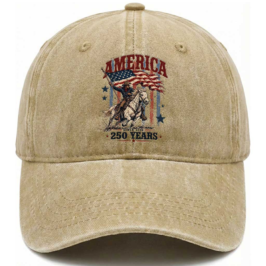 250 Years Since 1776 Cowboy on Horseback Washed Cotton Baseball Cap Vintage Patriotic Western Style American Flag Semiquincentennial TS02 Print Your Wear