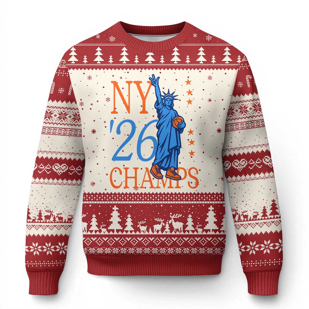 New York 2026 Pride Statue of Liberty Holding Basketball Graphic Ugly Christmas Sweater Retro NY 26 Champs Sports Fans TS02 Beige Red Print Your Wear