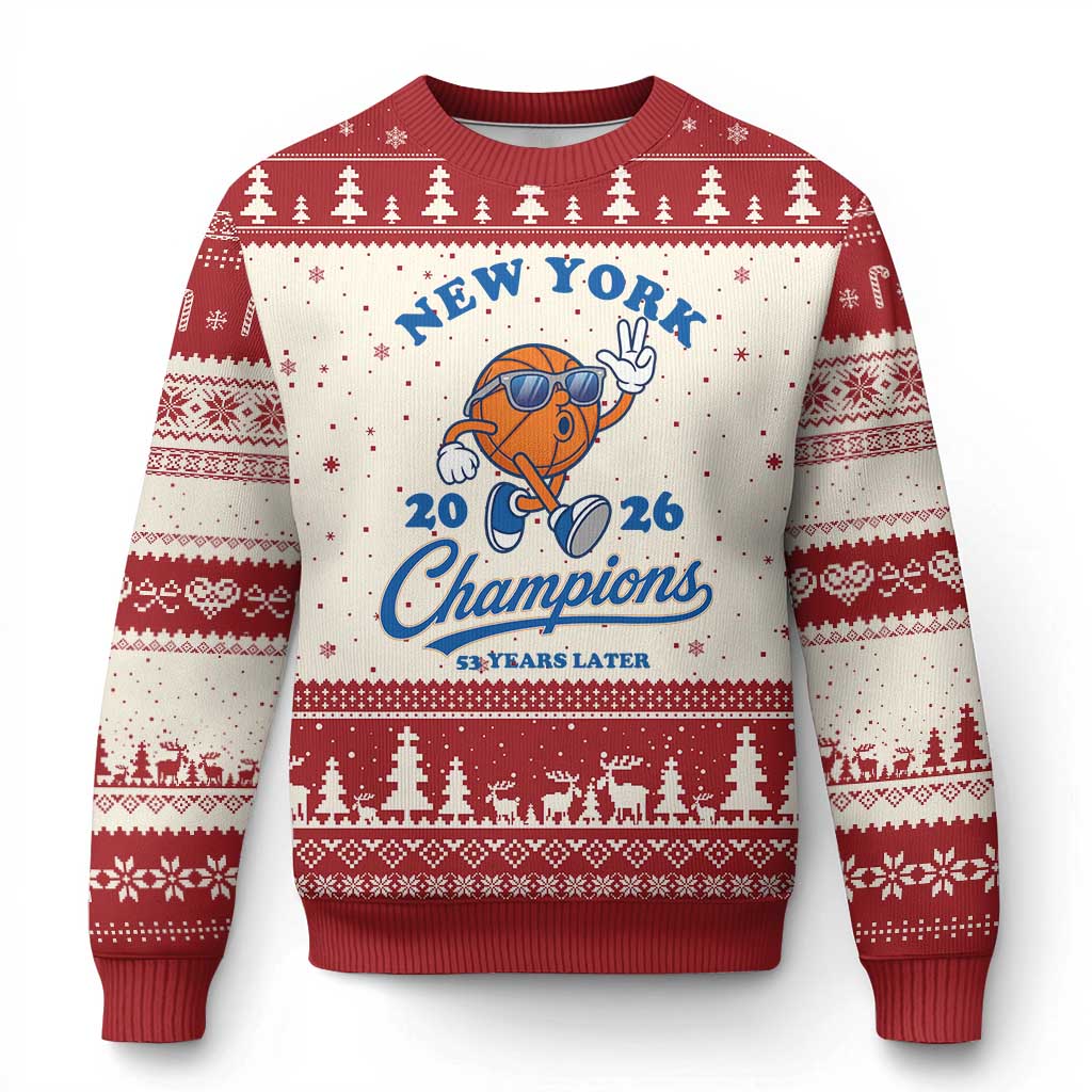 Funny New York 2026 Hoops Fan Graphic Ugly Christmas Sweater Vintage 26 Champions Pride 53 Years Later TS02 Beige Red Print Your Wear