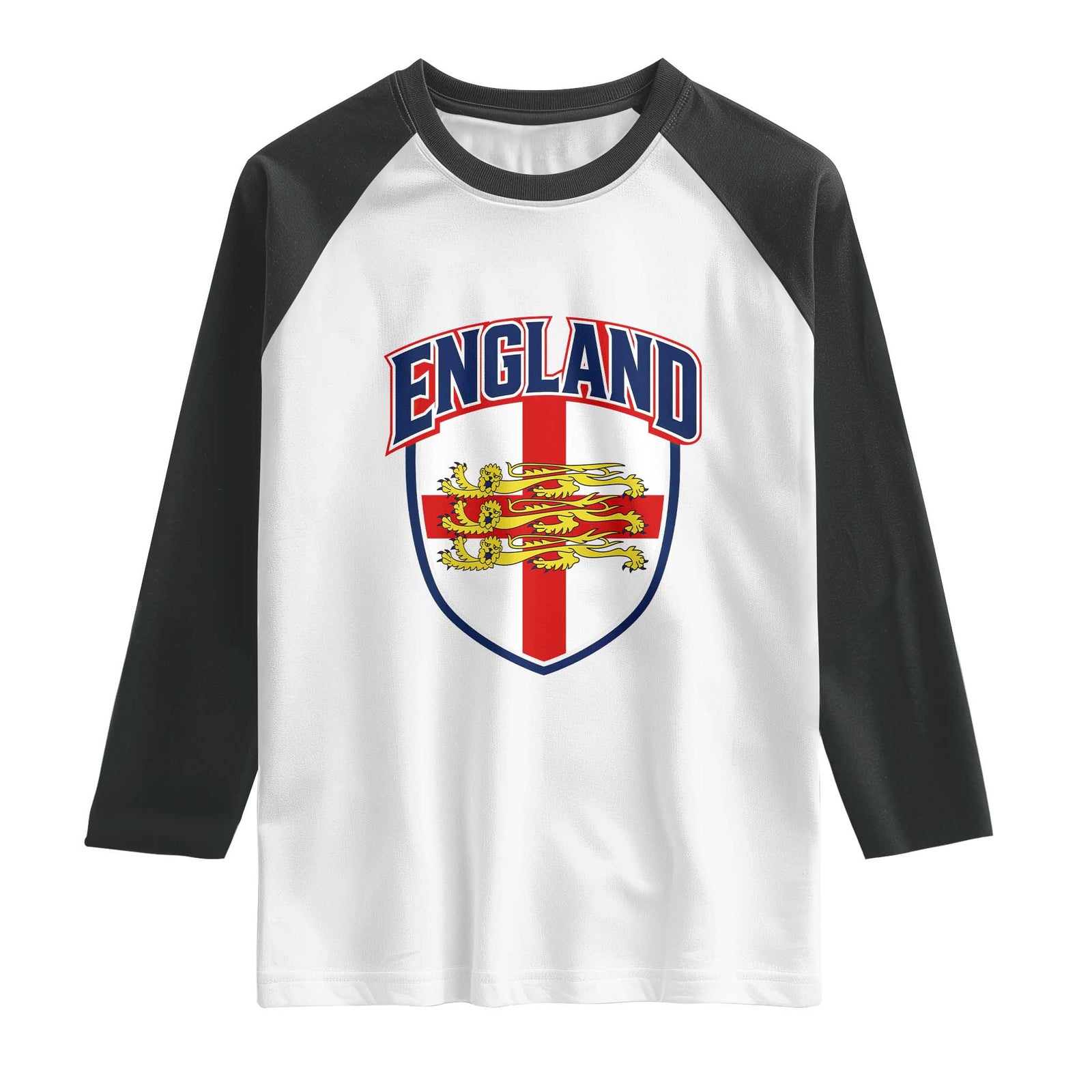 England Flag Lion Crest St George Cross Shield Crest Raglan Shirt Vintage Patriotic English Sport Fan Graphic TS02 White Black Print Your Wear