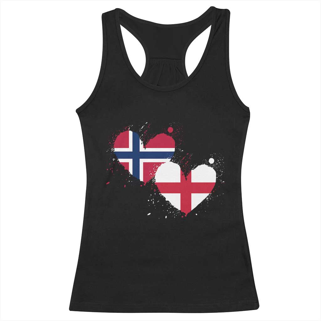 Distressed Norway and England Crossed Flags Dual Heart Graphic Racerback Tank Top Love Half Norwegian Half English Pride TS02 Black Print Your Wear