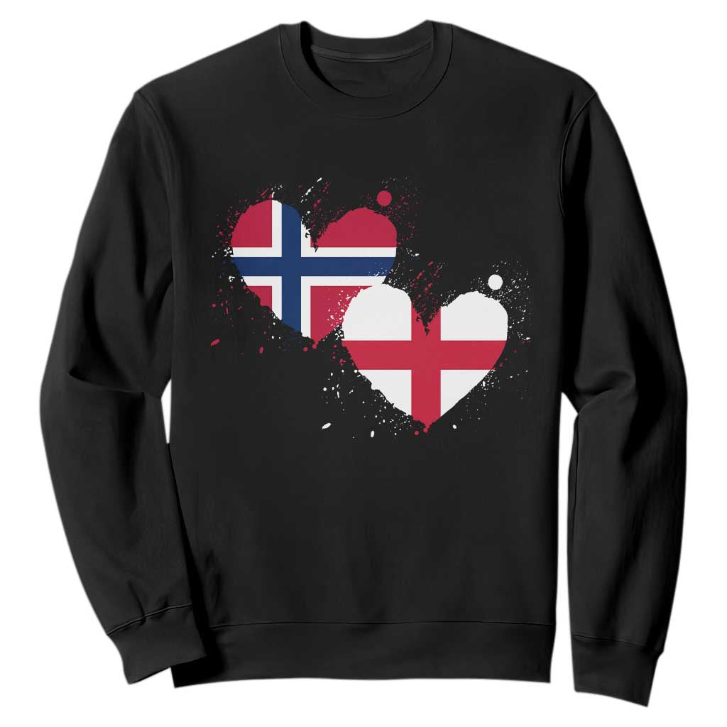 Distressed Norway and England Crossed Flags Dual Heart Graphic Sweatshirt Love Half Norwegian Half English Pride TS02 Black Print Your Wear