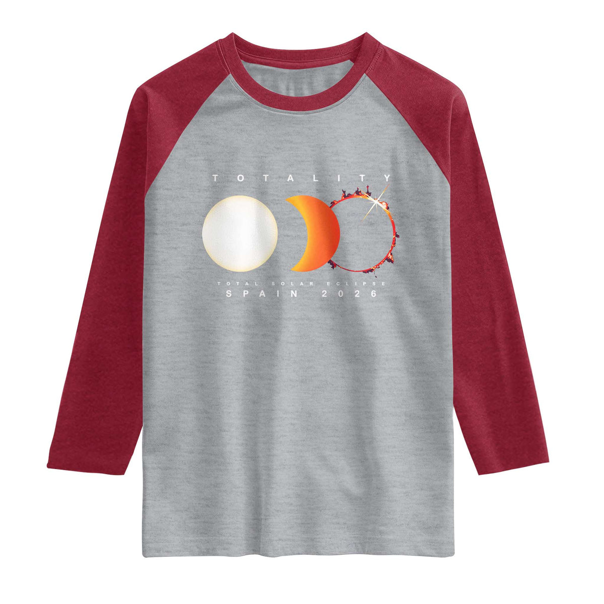 Spain Total Solar Eclipse 2026 Totality Raglan Shirt Espana Travel Souvenir Astronomy Geek Gift TS02 Heather Gray Heather Red Print Your Wear