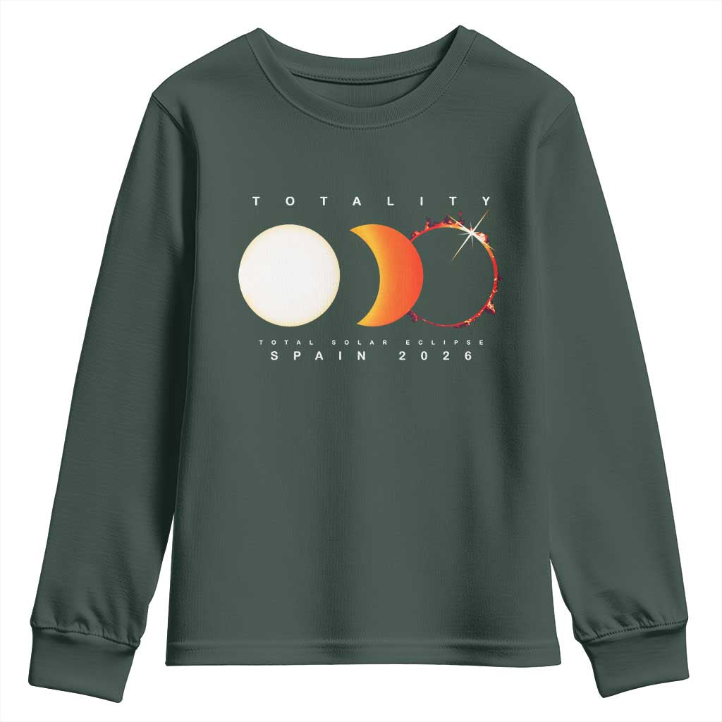 Spain Total Solar Eclipse 2026 Totality Youth Sweatshirt Espana Travel Souvenir Astronomy Geek Gift TS02 Dark Forest Green Print Your Wear