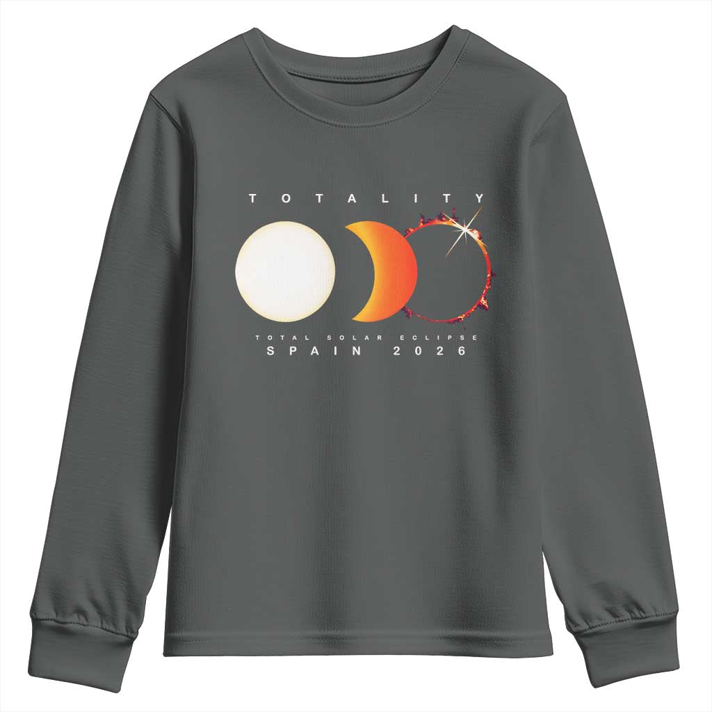 Spain Total Solar Eclipse 2026 Totality Youth Sweatshirt Espana Travel Souvenir Astronomy Geek Gift TS02 Dark Heather Print Your Wear