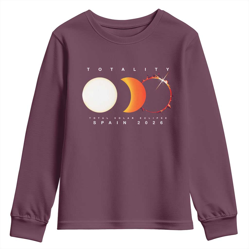 Spain Total Solar Eclipse 2026 Totality Youth Sweatshirt Espana Travel Souvenir Astronomy Geek Gift TS02 Maroon Print Your Wear