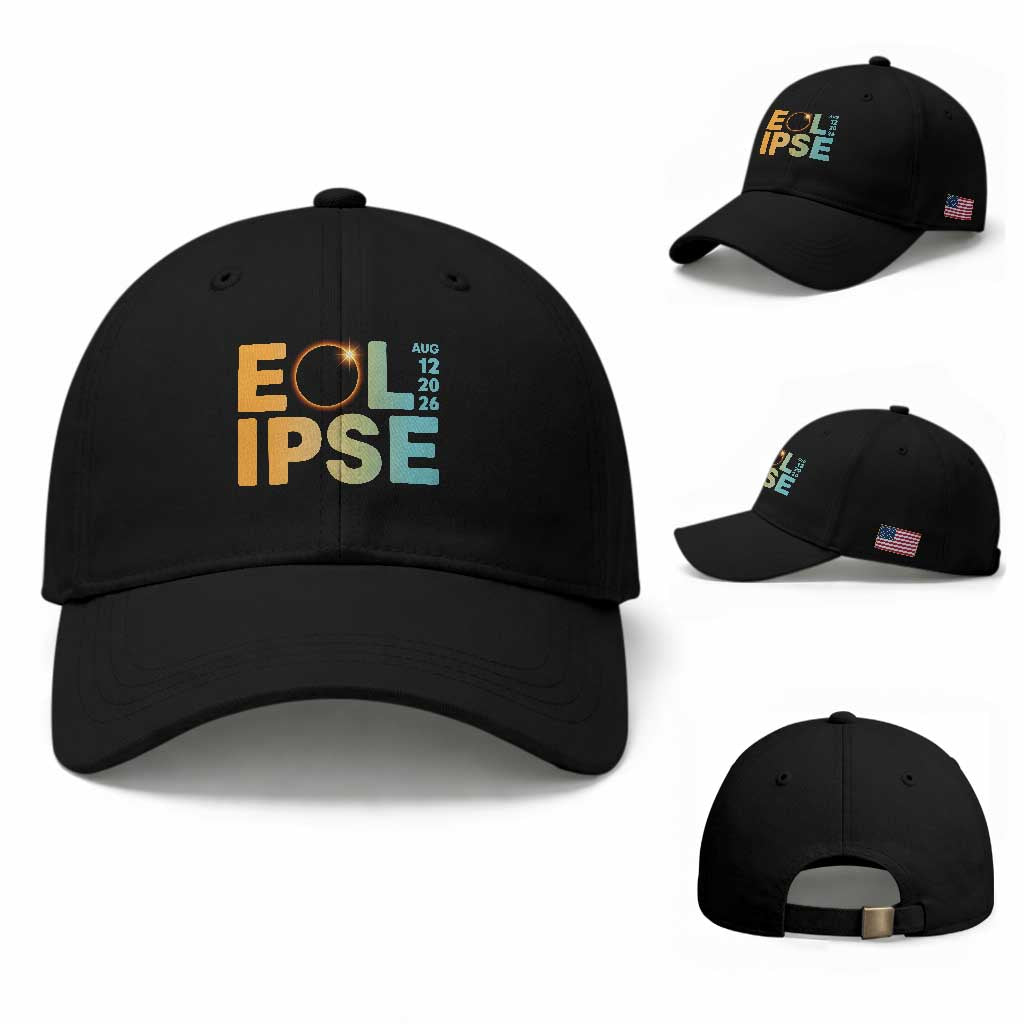 2026 Total Solar Eclipse Retro Typography Baseball Cap August 12 Totality Astronomy Gift TS02 Baseball Cap Universal Fit Black Print Your Wear