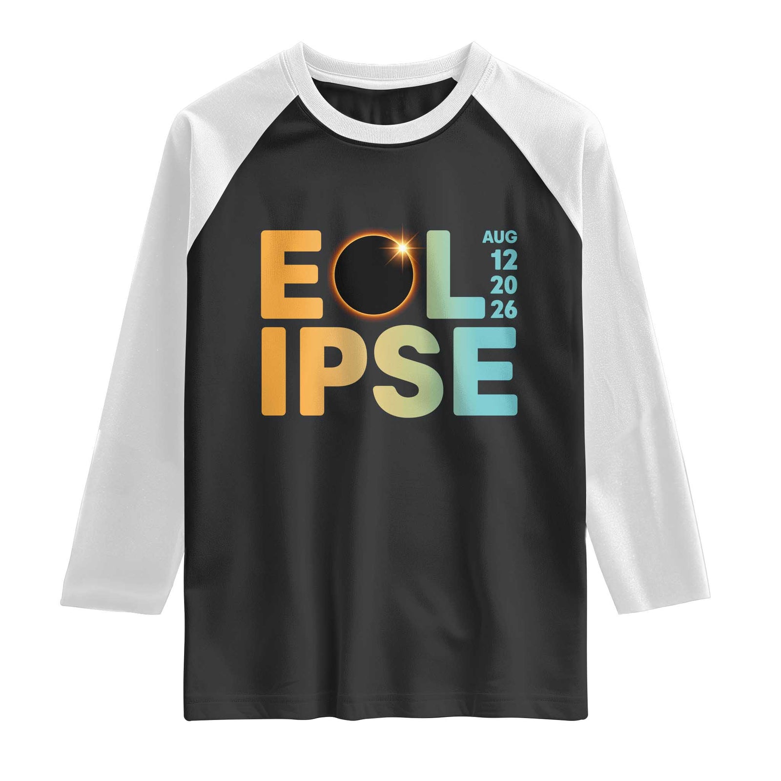 2026 Total Solar Eclipse Retro Typography Raglan Shirt August 12 Totality Astronomy Gift TS02 Black White Print Your Wear