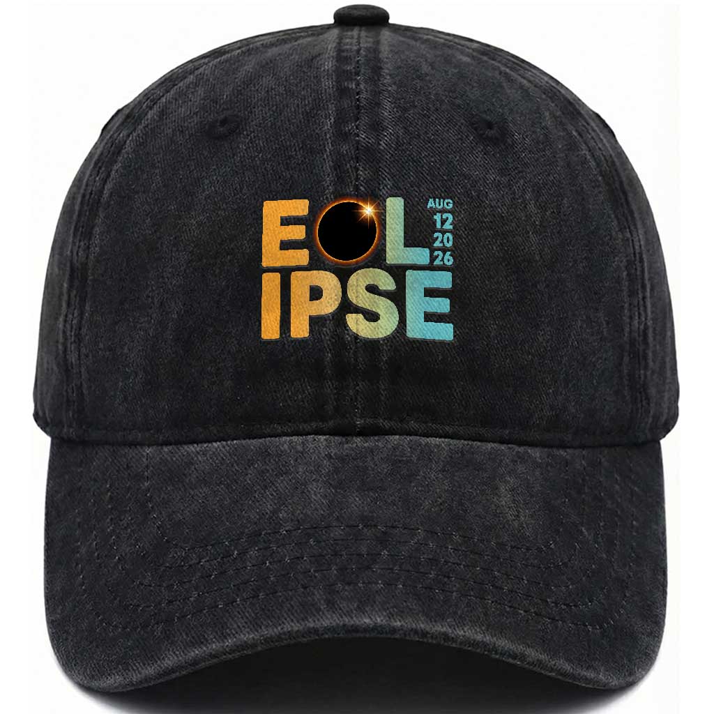 2026 Total Solar Eclipse Retro Typography Washed Cotton Baseball Cap August 12 Totality Astronomy Gift TS02 Print Your Wear