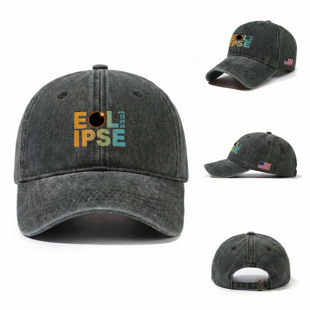 2026 Total Solar Eclipse Retro Typography Washed Cotton Baseball Cap August 12 Totality Astronomy Gift TS02 Washed Cap Universal Fit Dark Green Print Your Wear