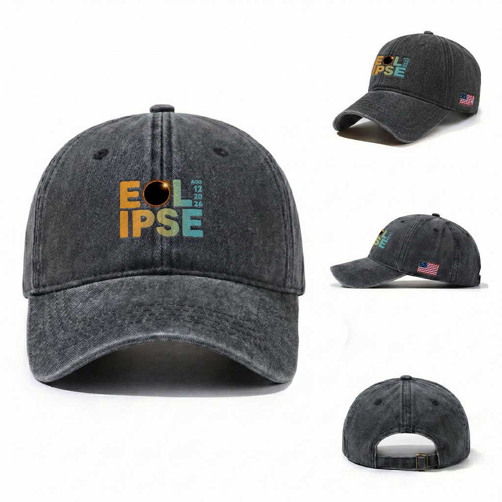 2026 Total Solar Eclipse Retro Typography Washed Cotton Baseball Cap August 12 Totality Astronomy Gift TS02 Washed Cap Universal Fit Dark Gray Print Your Wear