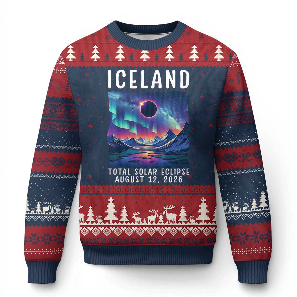 Iceland Total Solar Eclipse 2026 Aurora Ugly Christmas Sweater Totality Northern Lights Astronomy Travel Gift TS02 Navy Red Print Your Wear