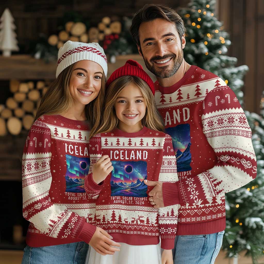 Iceland Total Solar Eclipse 2026 Aurora Ugly Christmas Sweater Totality Northern Lights Astronomy Travel Gift TS02 Red Beige Print Your Wear