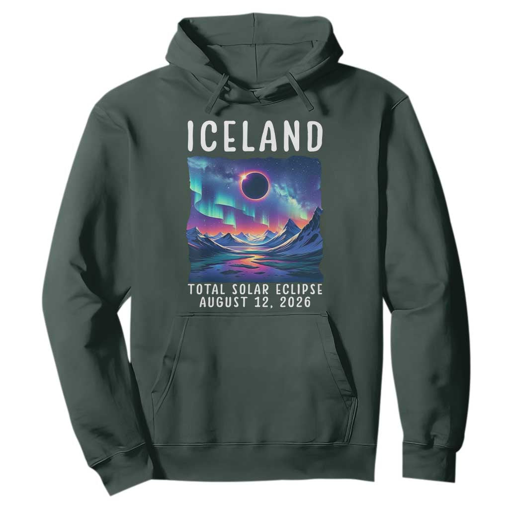 Iceland Total Solar Eclipse 2026 Aurora Hoodie Totality Northern Lights Astronomy Travel Gift TS02 Dark Forest Green Print Your Wear