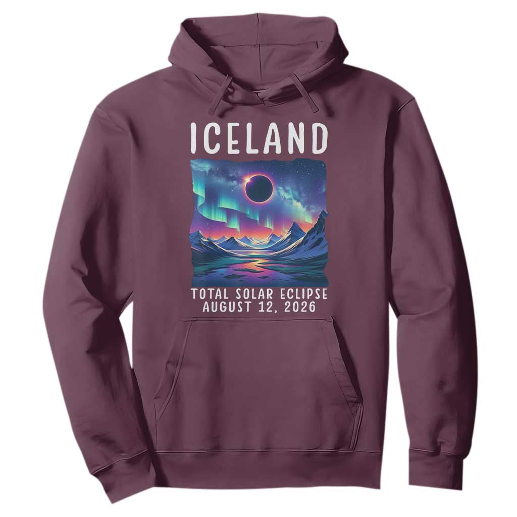 Iceland Total Solar Eclipse 2026 Aurora Hoodie Totality Northern Lights Astronomy Travel Gift TS02 Maroon Print Your Wear