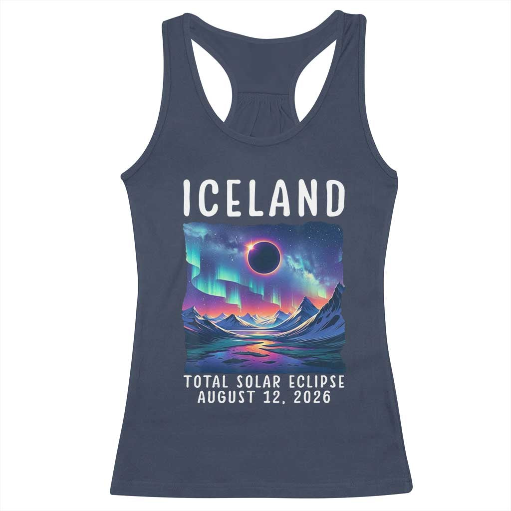 Iceland Total Solar Eclipse 2026 Aurora Racerback Tank Top Totality Northern Lights Astronomy Travel Gift TS02 Navy Print Your Wear