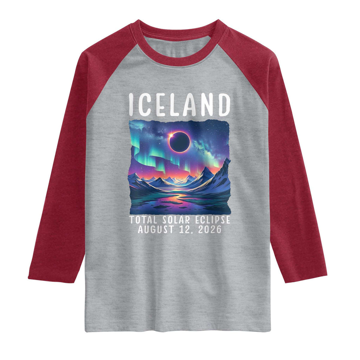 Iceland Total Solar Eclipse 2026 Aurora Raglan Shirt Totality Northern Lights Astronomy Travel Gift TS02 Heather Gray Heather Red Print Your Wear