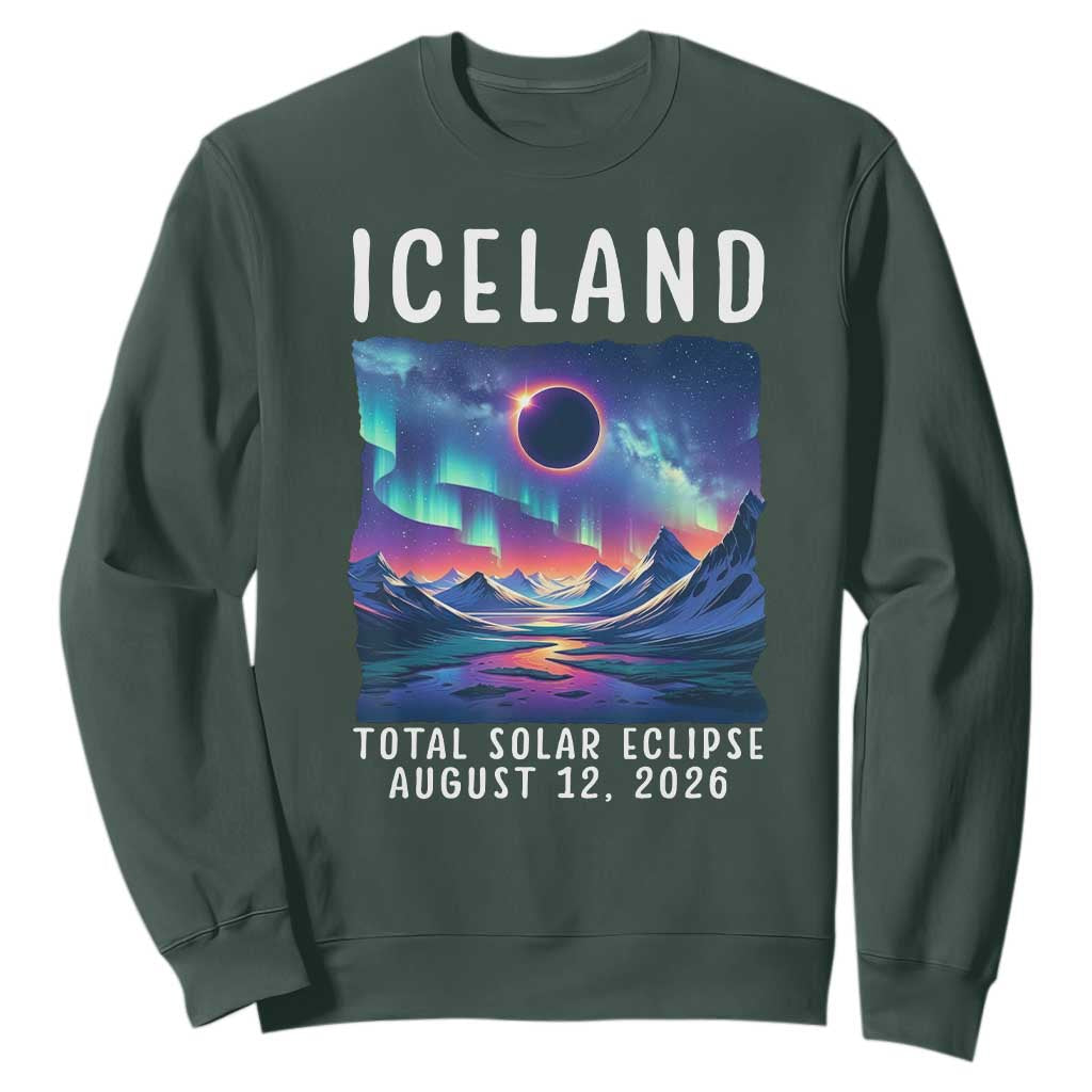 Iceland Total Solar Eclipse 2026 Aurora Sweatshirt Totality Northern Lights Astronomy Travel Gift TS02 Dark Forest Green Print Your Wear