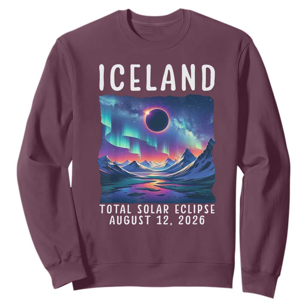 Iceland Total Solar Eclipse 2026 Aurora Sweatshirt Totality Northern Lights Astronomy Travel Gift TS02 Maroon Print Your Wear