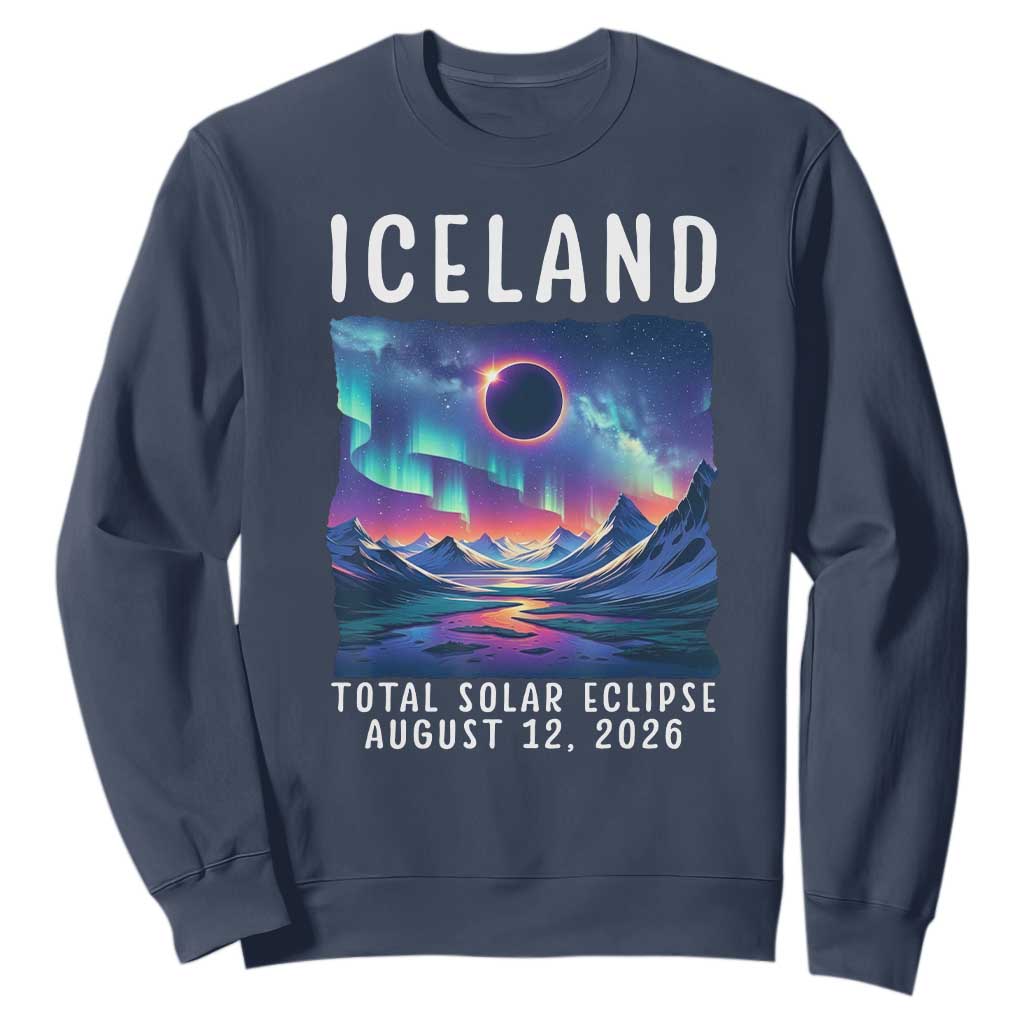 Iceland Total Solar Eclipse 2026 Aurora Sweatshirt Totality Northern Lights Astronomy Travel Gift TS02 Navy Print Your Wear