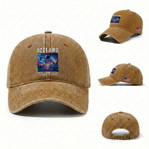 Iceland Total Solar Eclipse 2026 Aurora Washed Cotton Baseball Cap Totality Northern Lights Astronomy Travel Gift TS02 Washed Cap Universal Fit Yellow Ochre Print Your Wear