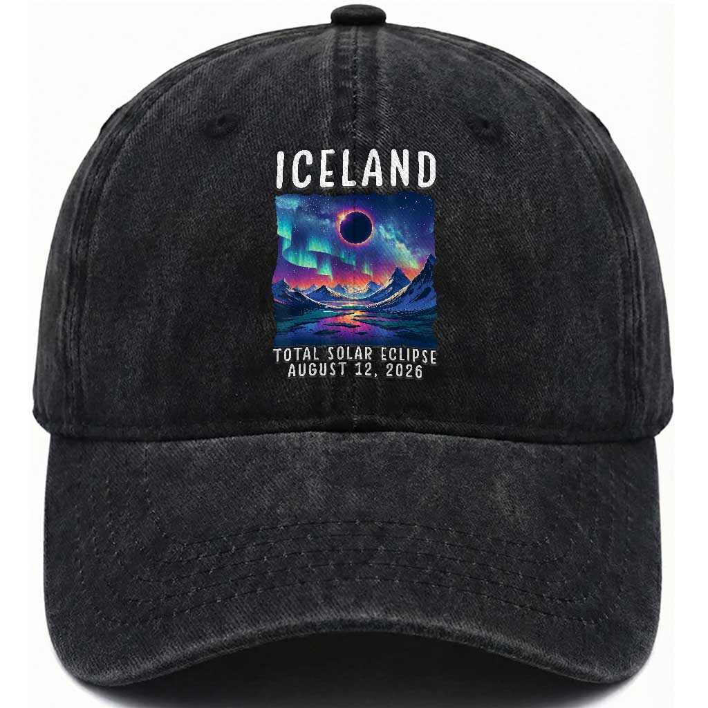 Iceland Total Solar Eclipse 2026 Aurora Washed Cotton Baseball Cap Totality Northern Lights Astronomy Travel Gift TS02 Print Your Wear