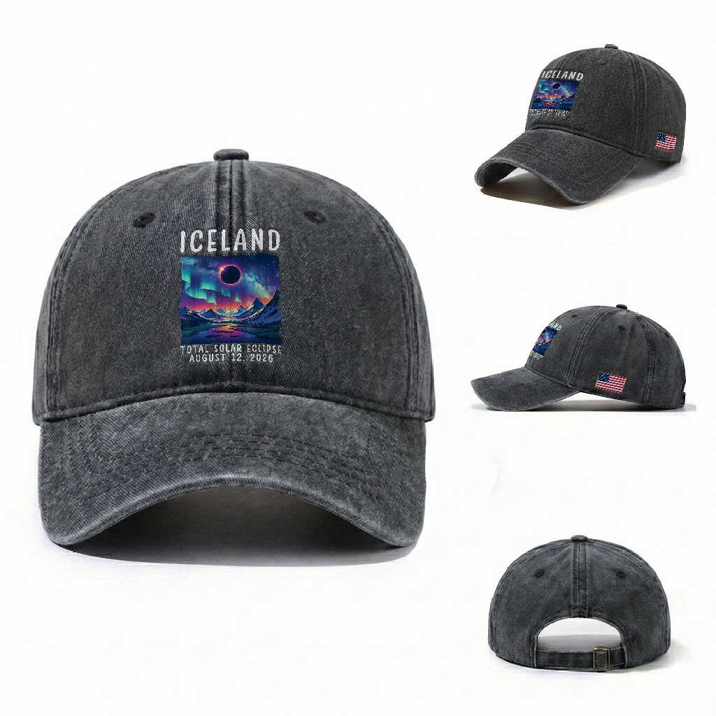 Iceland Total Solar Eclipse 2026 Aurora Washed Cotton Baseball Cap Totality Northern Lights Astronomy Travel Gift TS02 Washed Cap Universal Fit Dark Gray Print Your Wear