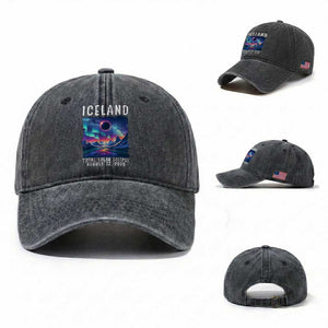 Iceland Total Solar Eclipse 2026 Aurora Washed Cotton Baseball Cap Totality Northern Lights Astronomy Travel Gift TS02 Washed Cap Universal Fit Dark Gray Print Your Wear