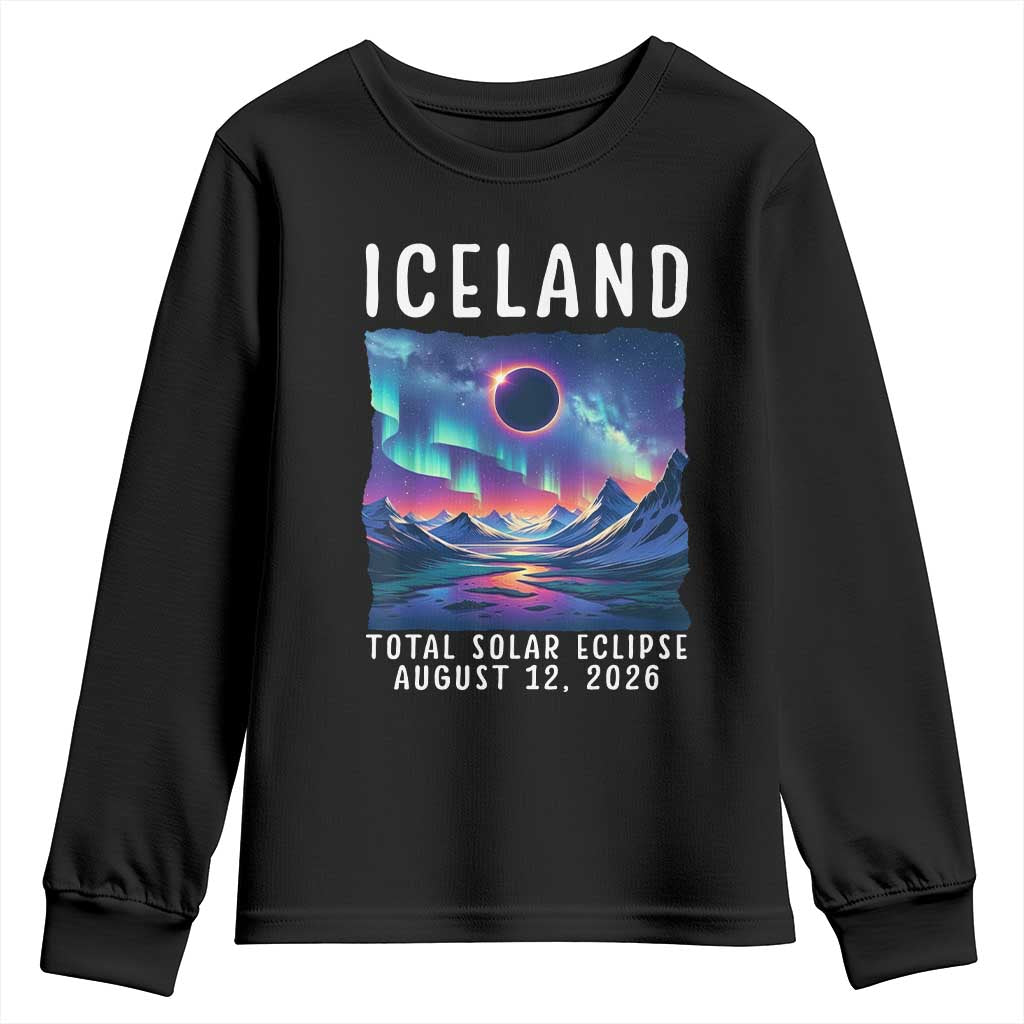 Iceland Total Solar Eclipse 2026 Aurora Youth Sweatshirt Totality Northern Lights Astronomy Travel Gift TS02 Black Print Your Wear