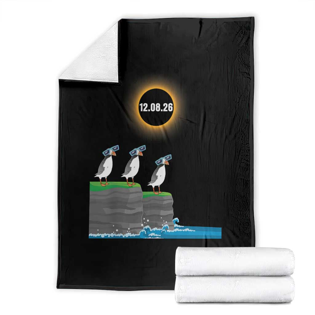 Cute Cartoon Puffins 2026 Total Solar Eclipse Throw Blanket August 12 Totality Funny Astronomy Gift TS02 Black Print Your Wear