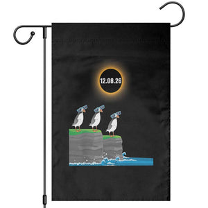 Cute Cartoon Puffins 2026 Total Solar Eclipse Garden Flag August 12 Totality Funny Astronomy Gift TS02 Black Print Your Wear